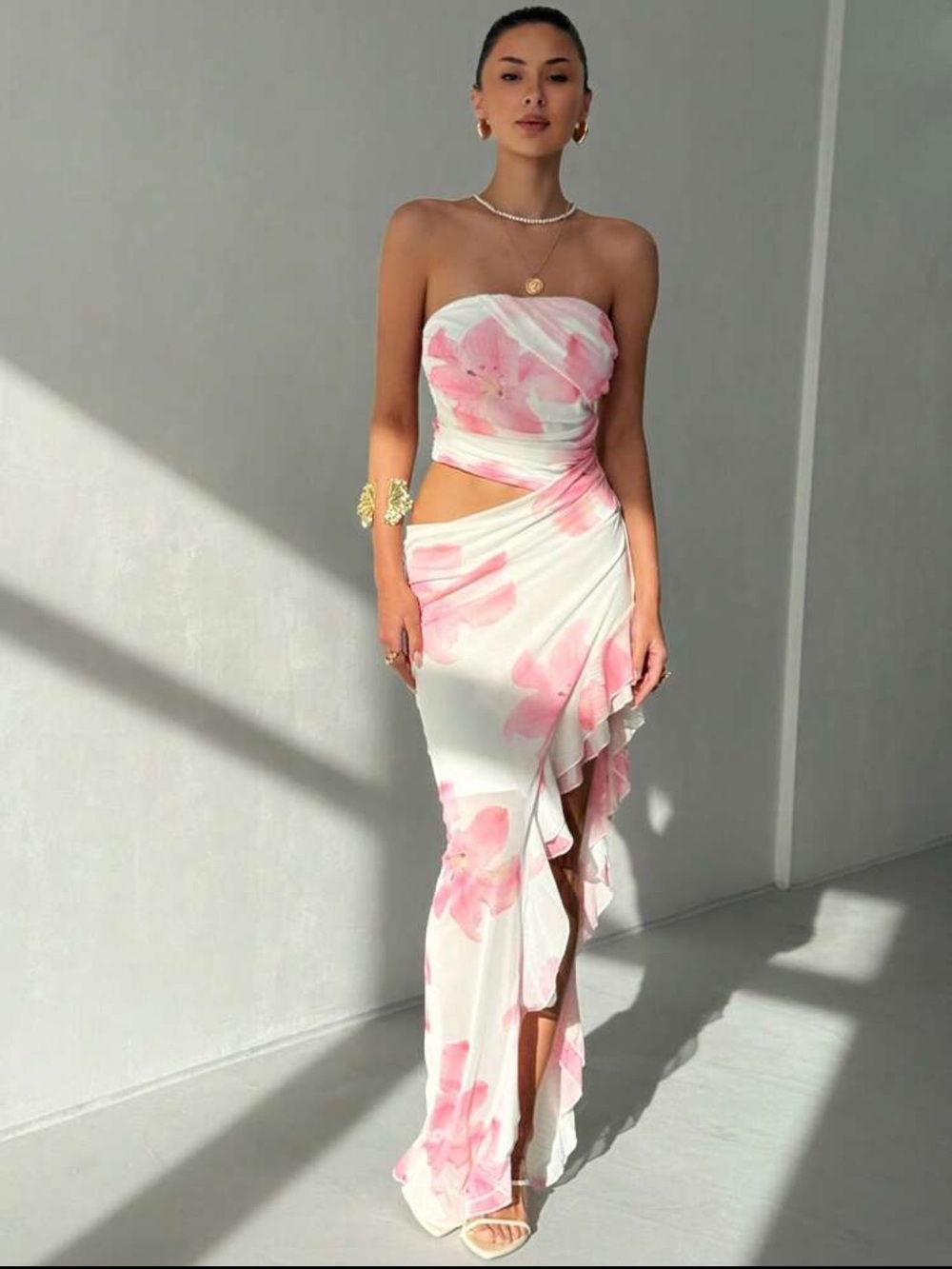 Hello Molly OUTCAST WHITEFOX SABO Strapless Midi Dress Pink Floral SLIT showpo